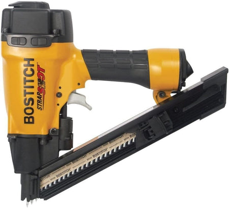 Bostitch MCN150 STRAPSHOT metal connector nailer in profile, featuring a gold and black aluminum body, sequential and contact firing modes, and a 35-degree magazine, ideal for joist hangers and framing connectors.