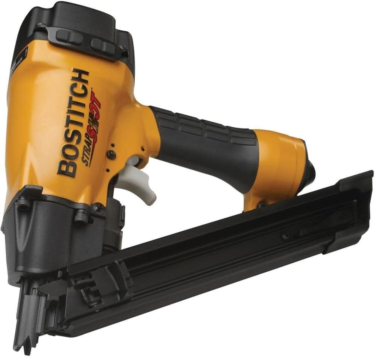 Top-down close-up view of the Bostitch MCN150 STRAPSHOT focusing on the sequential trigger mechanism, ergonomic handle grip, and the heavy-duty aluminum housing designed for durability on the jobsite.