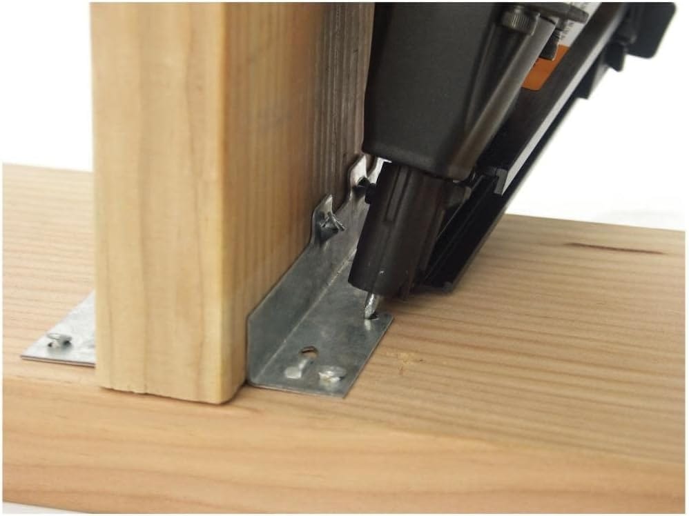 Rear angle view of the Bostitch MCN150 pneumatic joist hanger tool, highlighting the compact, well-balanced design which reduces user fatigue during extended framing and connector fastening tasks.