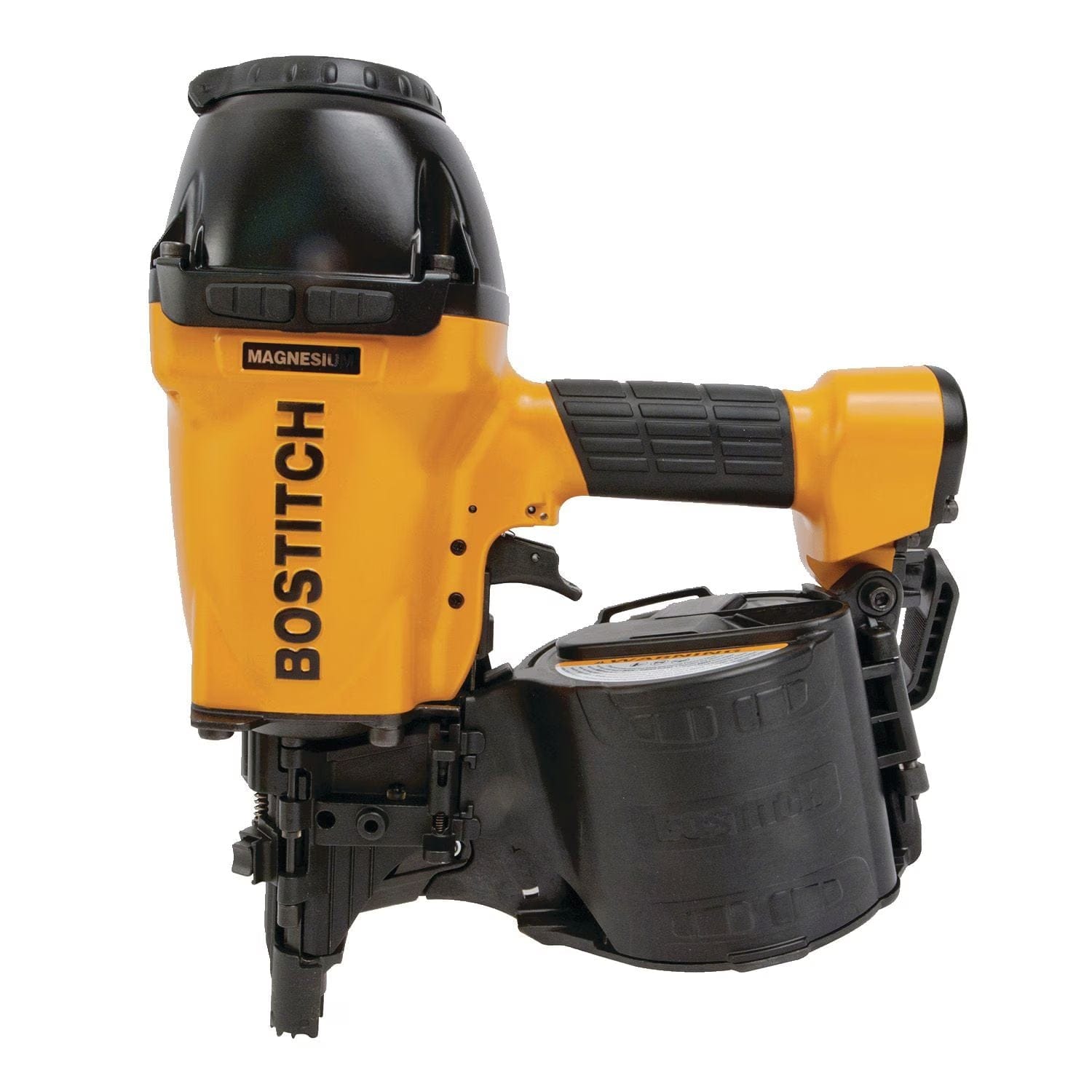 Bostitch N89C-1 15-degree pneumatic coil framing nailer in signature yellow and black, featuring a lightweight magnesium body, ergonomic grip, and high-capacity 300-nail industrial magazine.