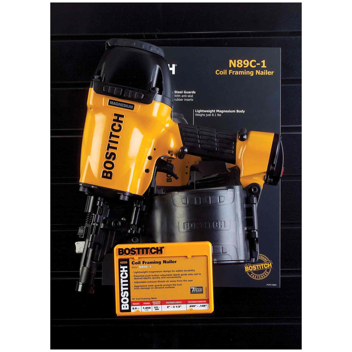 Detailed infographic of the Bostitch N89C-1 coil framing nailer highlighting its 8.1-pound magnesium housing, integrated steel guards with anti-skid rubber inserts, and professional driving power.