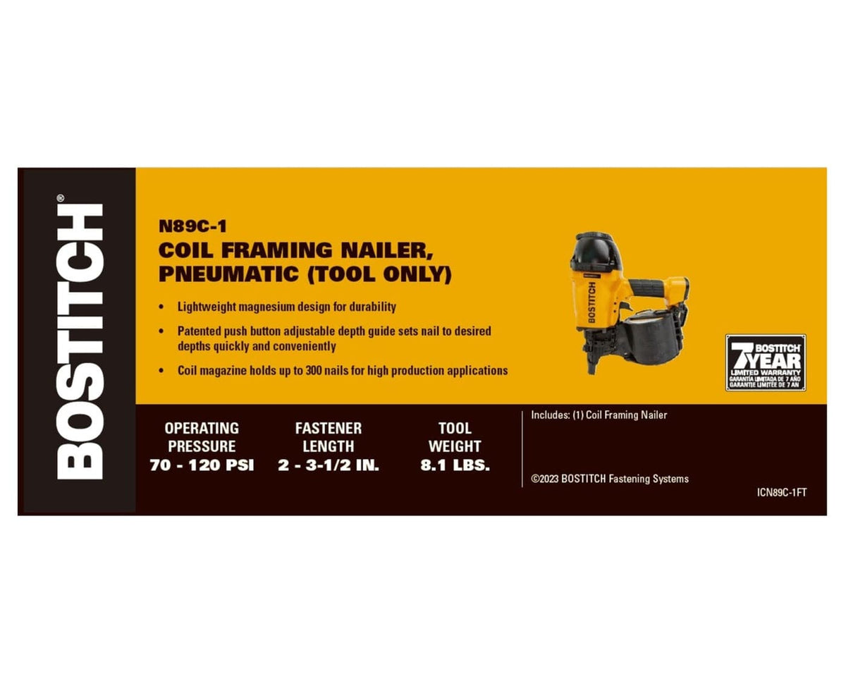 Feature summary graphic for the Bostitch N89C-1 coil nailer detailing its 70 to 120 PSI operating pressure, fastener length compatibility of 2 to 3.5 inches, and 7-year limited warranty.