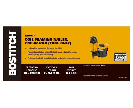 Feature summary graphic for the Bostitch N89C-1 coil nailer detailing its 70 to 120 PSI operating pressure, fastener length compatibility of 2 to 3.5 inches, and 7-year limited warranty.