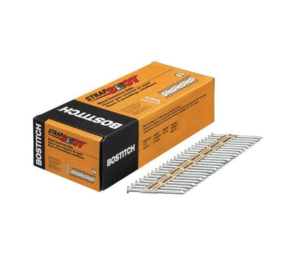 Bostitch PT-MC14825G.5M 500-pack box of 2-1/2 inch by .148 galvanized paper tape metal connector nails displaying a 30-34 degree collated strip with smooth shanks for joist hangers.