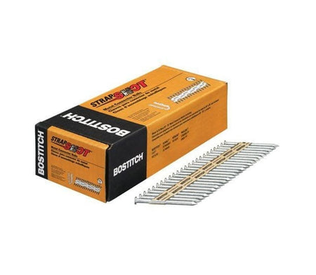 Bostitch PT-MC14825G.5M 500-pack box of 2-1/2 inch by .148 galvanized paper tape metal connector nails displaying a 30-34 degree collated strip with smooth shanks for joist hangers.