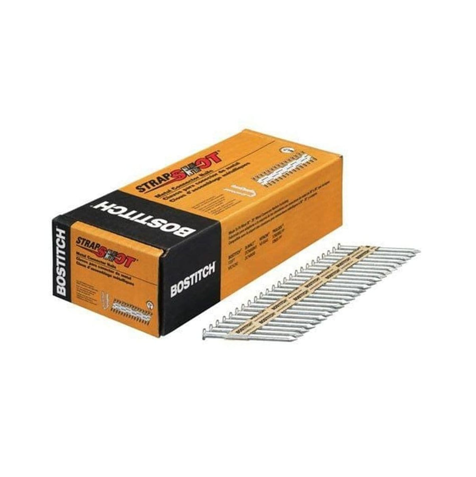 Bostitch PT-MC14825G.5M 500-pack box of 2-1/2 inch by .148 galvanized paper tape metal connector nails displaying a 30-34 degree collated strip with smooth shanks for joist hangers.