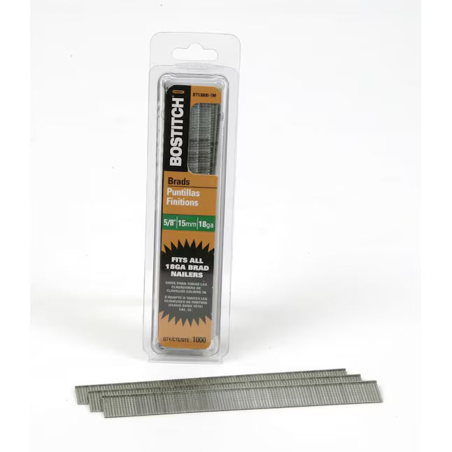 Bostitch BT1300B 5/8-inch 18-gauge brad nails in blister pack with collated nail strips for fine interior trim fastening.