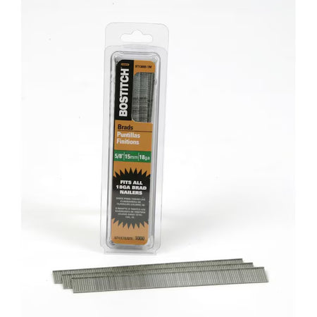 Bostitch BT1300B 5/8-inch 18-gauge brad nails in blister pack with collated nail strips for fine interior trim fastening.