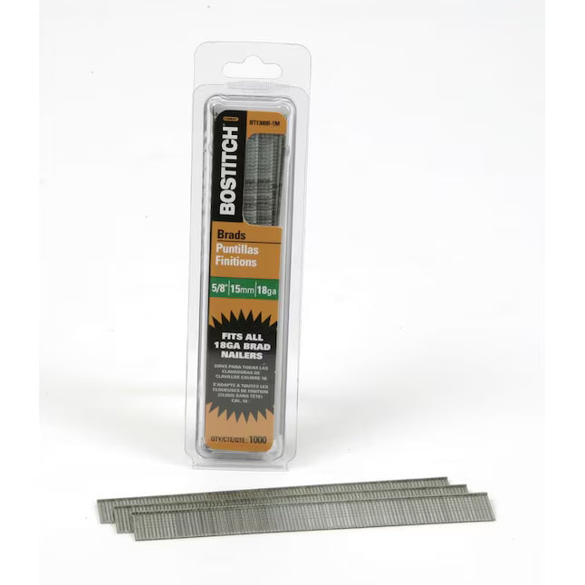 Bostitch BT1300B 5/8-inch 18-gauge brad nails in blister pack with collated nail strips for fine interior trim fastening.
