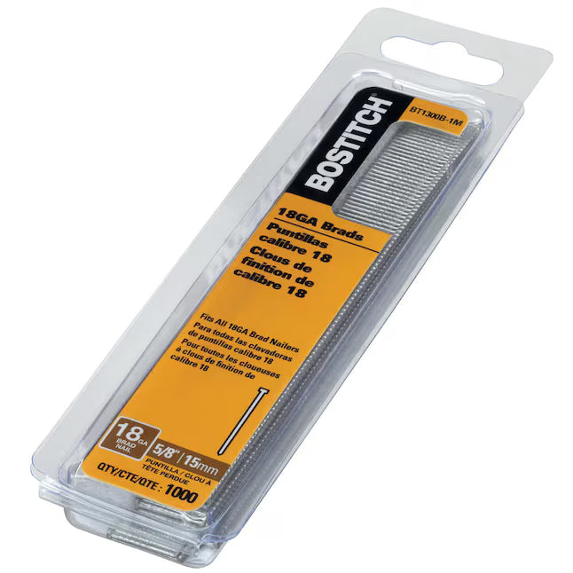 Bostitch BT1300B 18-gauge 5/8-inch finish brad nails blister pack for split-free wood moulding and cabinetry assembly.