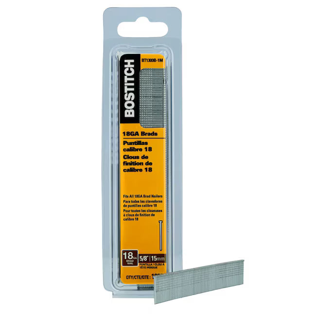 Bostitch BT1300B 5/8-inch 18-gauge brad nails pack with single collated stick for precision millwork and trim installation.