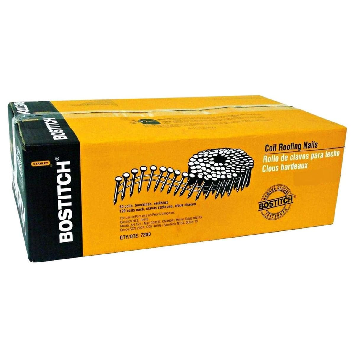 Bostitch CR5DGAL 7,200-count master carton showing 1-3/4-inch coil roofing nail specifications and tool compatibility.