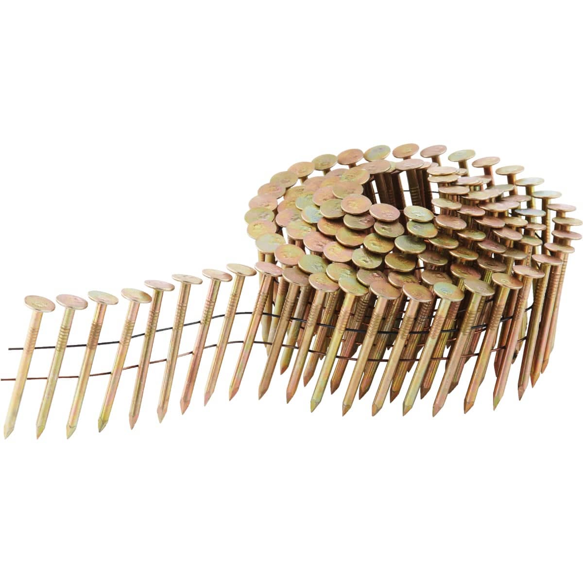 Coil of Bostitch 1-3/4-inch galvanized roofing nails with wide heads and 15-degree wire collation for asphalt shingles.
