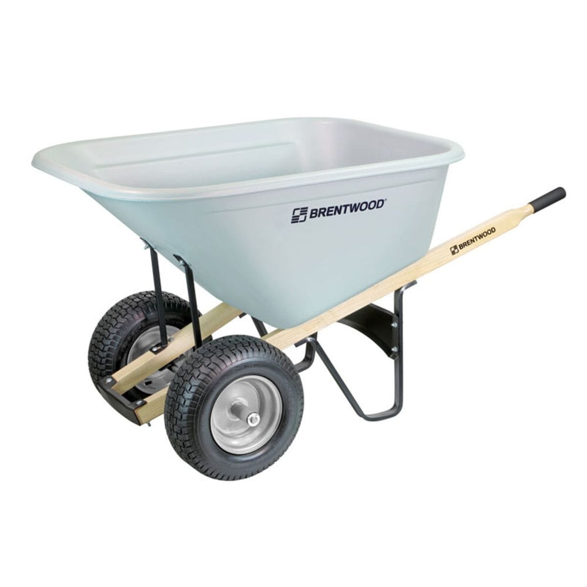 Brentwood ACWB20480 10 cubic foot wheelbarrow featuring dual turf tires, a rust-proof HDPE pan, and North American hardwood handles.
