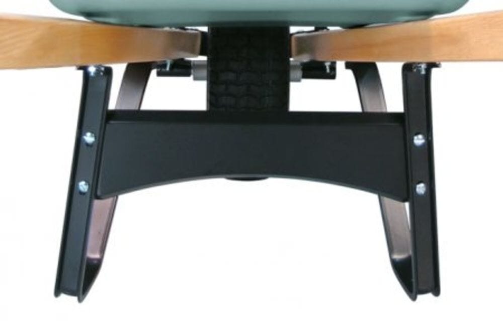 Under-chassis view of the Brentwood wheelbarrow highlighting the wide-stance steel frame legs and cross braces that prevent tip-overs.