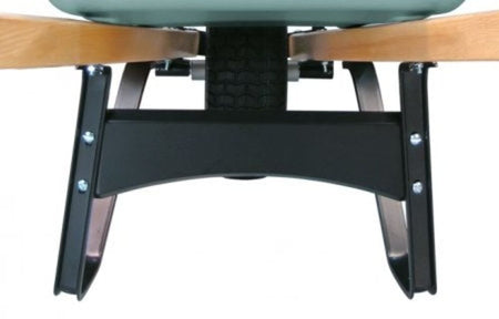 Under-chassis view of the Brentwood wheelbarrow highlighting the wide-stance steel frame legs and cross braces that prevent tip-overs.