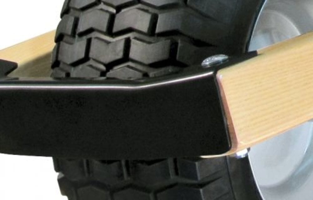 Front steel nose guard and bent V-brace assembly on the Brentwood wheelbarrow engineered for rigid frame support during dumping.