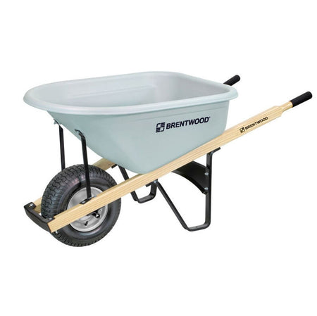 Brentwood ACWB20210 6 cubic foot wheelbarrow featuring a single turf tire, rust-proof HDPE poly pan, and North American hardwood handles.
