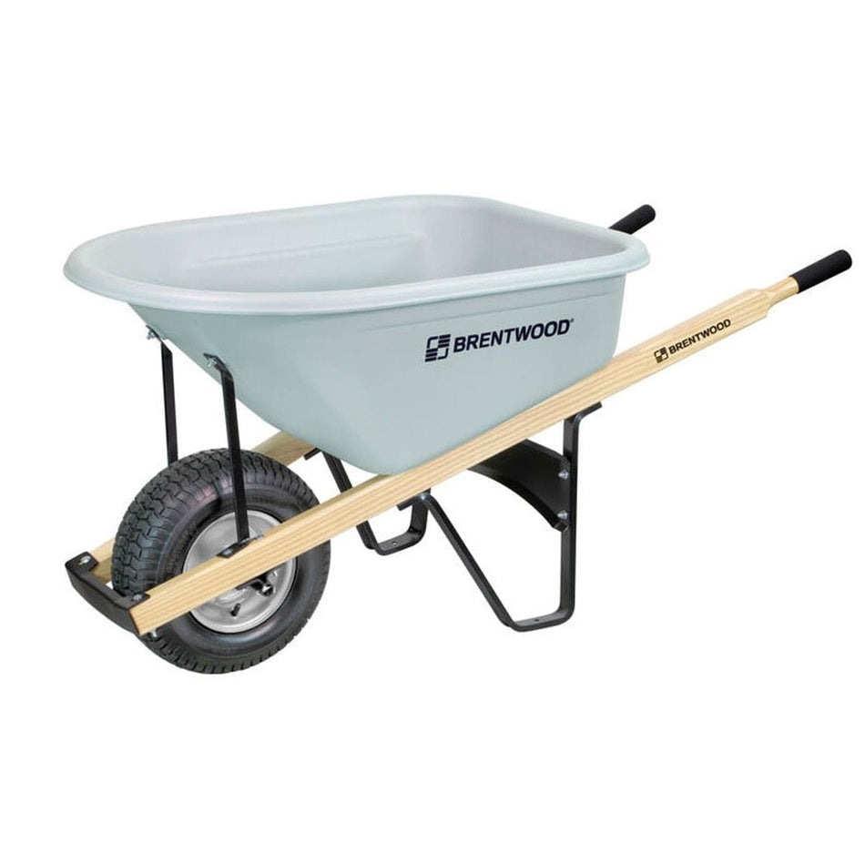 Brentwood ACWB20210 6 cubic foot wheelbarrow featuring a single turf tire, rust-proof HDPE poly pan, and North American hardwood handles.