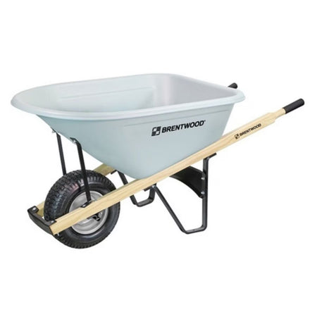 Brentwood ACWB20214 8 cubic foot wheelbarrow featuring a single turf tire, rust-proof HDPE poly pan, and North American hardwood handles.