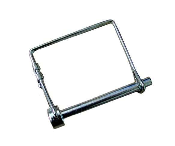 Metal wire lock pin with a circular head and rotating wire loop shown against a neutral background. The pin has a 1/4" diameter and 3" length, designed for quick-release fastening in trailers, agricultural equipment, and industrial machinery. The zinc-plated finish provides corrosion resistance, and the wire loop locks securely into place to prevent accidental disengagement.