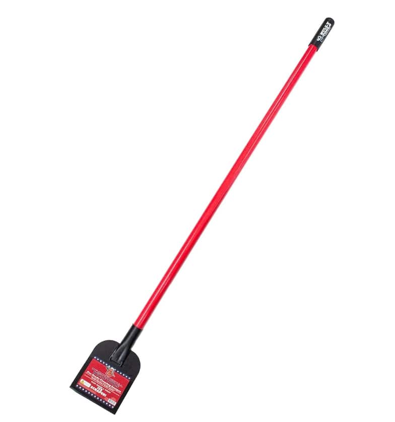 Full length angled view of the Floor Bully flooring scraper featuring a long red fiberglass handle, black rubber grip, and black steel blade.