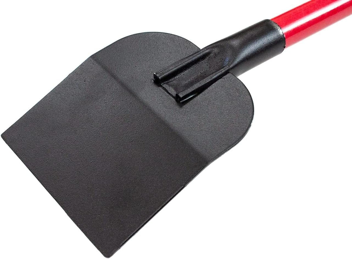 Close-up view of the 6-inch wide black steel scraper blade attached to the red fiberglass handle showing the heavy-duty welded connection.