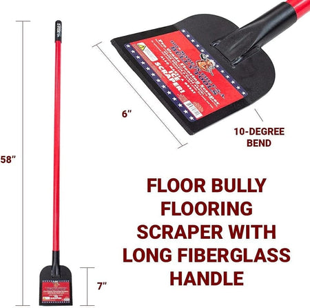 Infographic displaying the scraper dimensions with a total length of 58 inches and a blade width of 6 inches, highlighting the 10-degree bend and Made in the USA label.