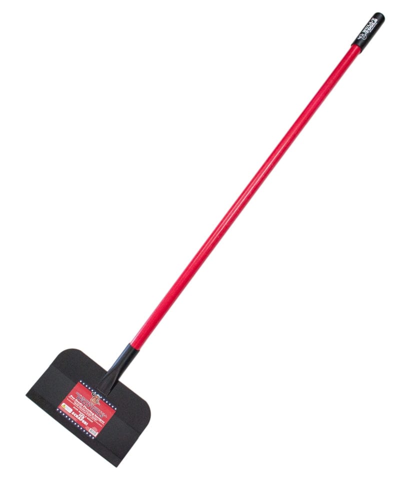 Full length angled view of the Big Bully flooring scraper featuring a long red fiberglass handle and extra-wide black steel blade.