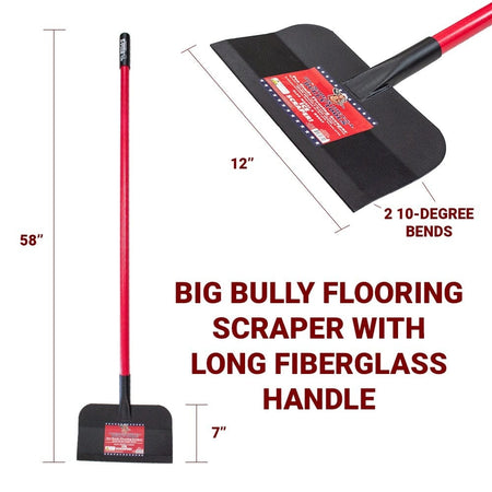 Infographic displaying the scraper dimensions of 58 inches long and 12 inches wide, highlighting the two 10-degree bends.