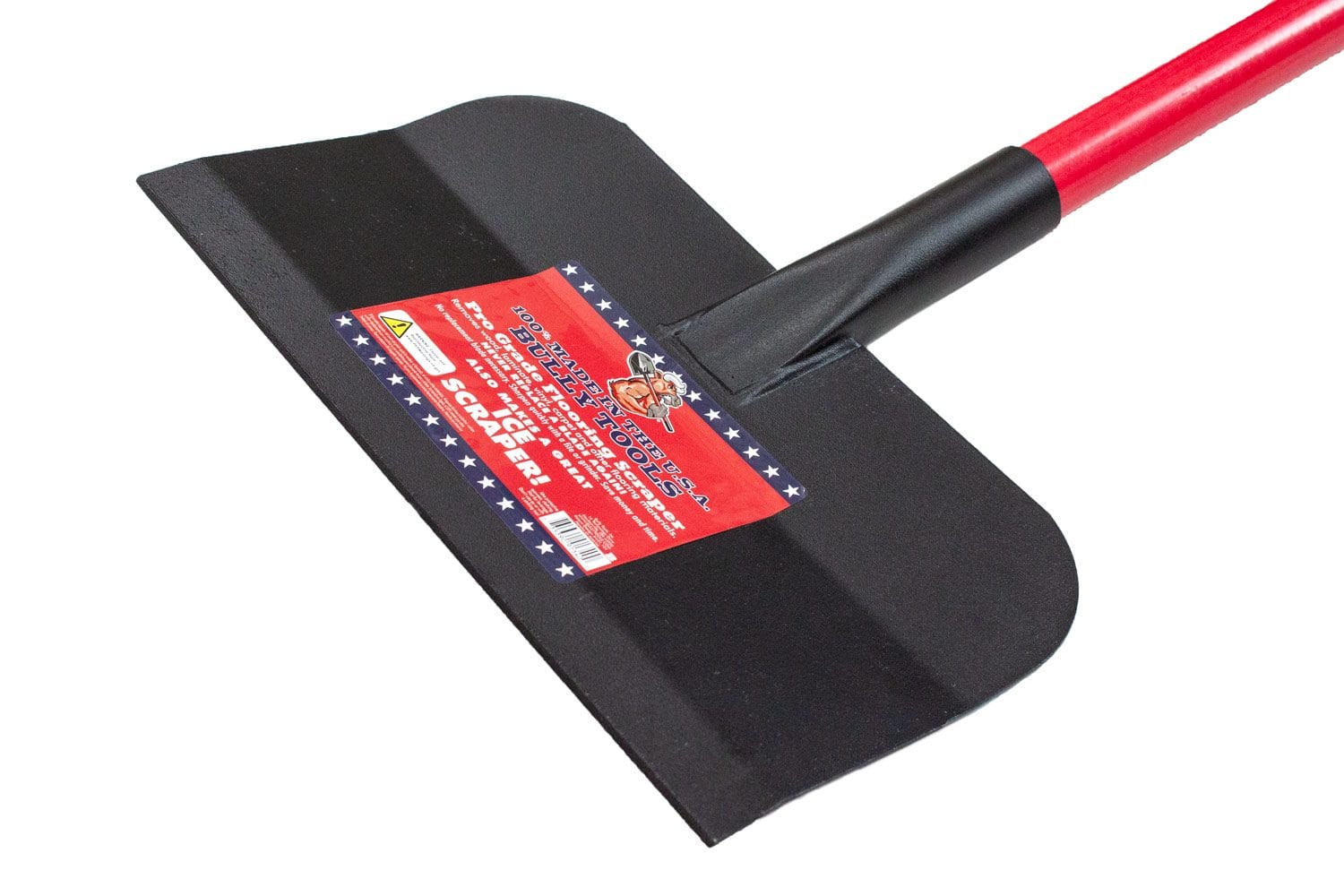 Close-up of the 12-inch wide black steel scraper head displaying the red, white, and blue product label.