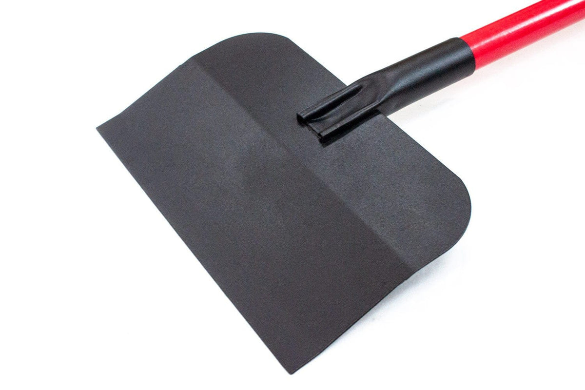 Rear close-up view of the wide steel scraper blade attached to the red fiberglass handle showing the welded connection.