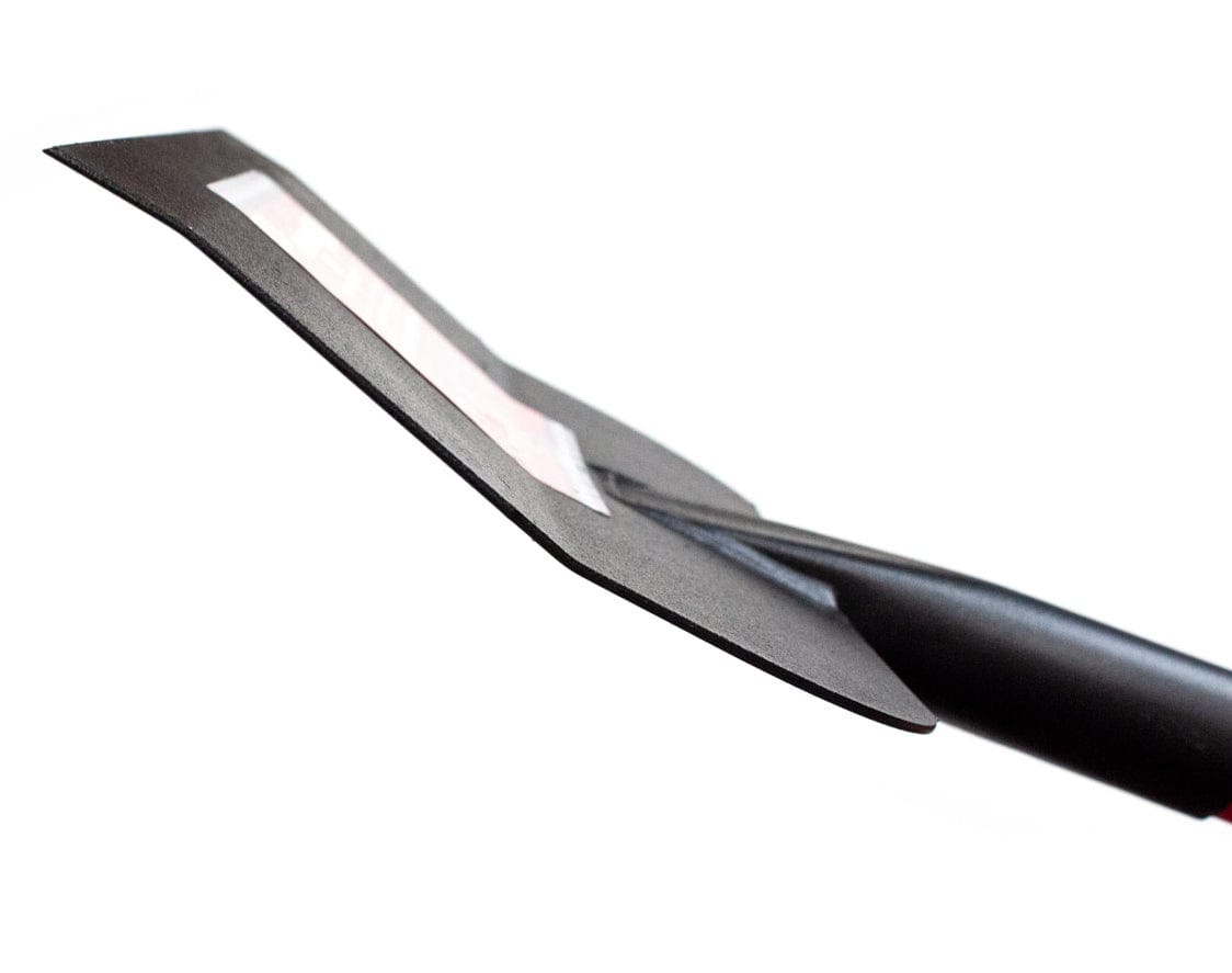 Side profile close-up of the steel scraper blade showing the edge thickness and angled design for prying.