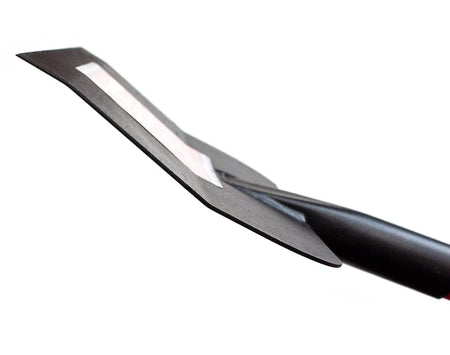 Side profile close-up of the steel scraper blade showing the edge thickness and angled design for prying.