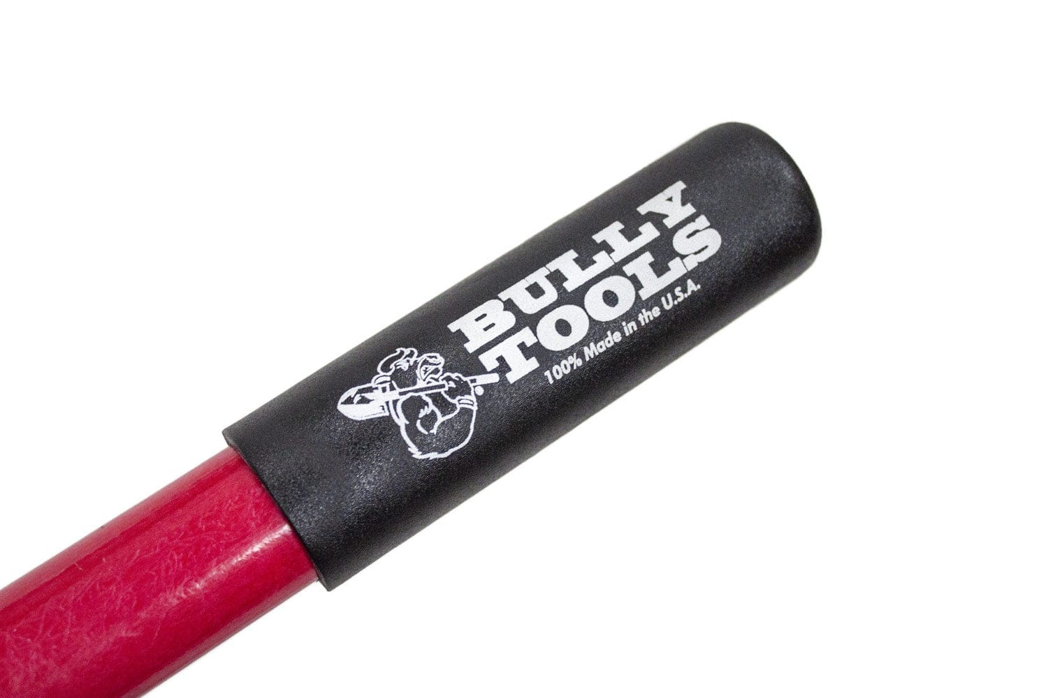 Close-up of the black rubber handle grip featuring the white Bully Tools logo and 100% Made in the U.S.A. text.