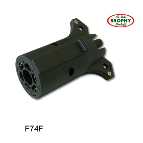 Black plastic trailer plug adapter with a cylindrical 7-way round connector and multiple pin slots. The adapter features two mounting flanges with screw holes for secure installation. Labeled “F74F” and branded with “Hi-Volta BROPHY Products,” this Pollak-style connector is designed to convert OEM 7-way round vehicle plugs to standard 4-way flat trailer connections for Ford, Dodge, and GMC towing systems
