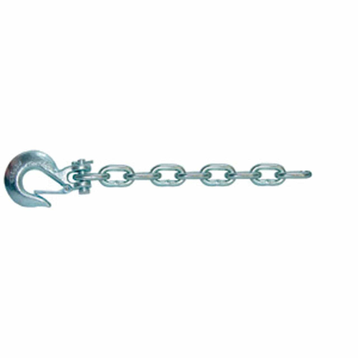Heavy-duty safety chain with multiple oval-shaped metal links and a clevis grab hook attached at one end. The chain is zinc-plated and measures 3/8" x 37", designed for trailer tethering and rated to 26,400 lbs. The hook includes a latch mechanism for secure attachment to towing hardware. Suitable for industrial and transportation applications requiring high-strength trailer safety connections.