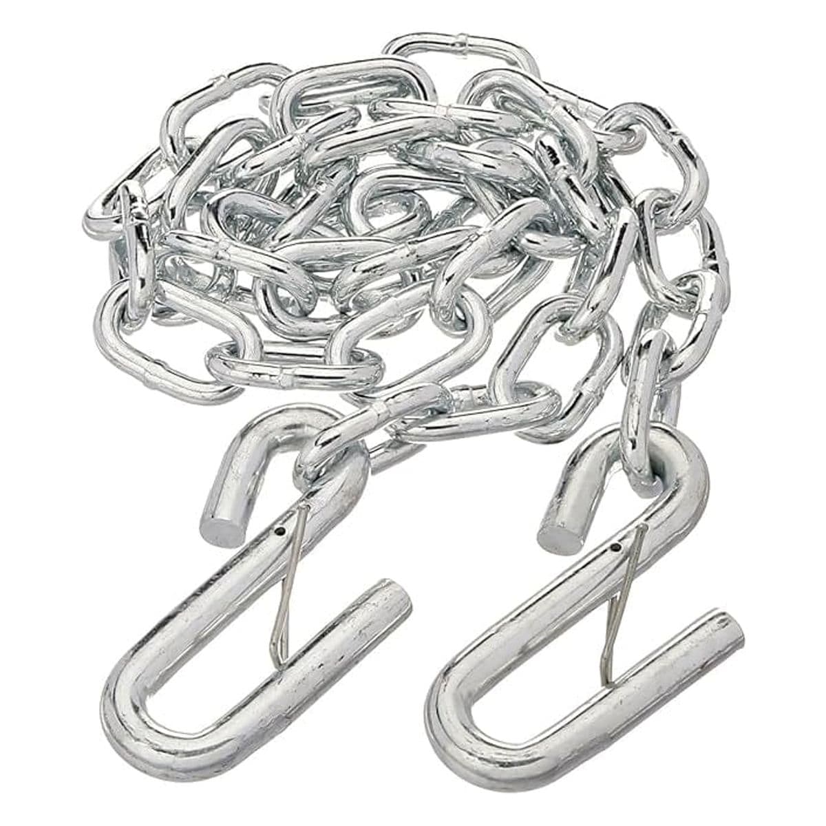Zinc-plated trailer safety chain coiled with two attached 7/16" latch-style S-hooks. The chain is made of silver-colored steel with oval links and spring-loaded hooks designed for secure towing connections. Measures 1/4" x 48" and rated to 5,000 lbs. Commonly used to keep trailers connected to tow vehicles in case of hitch failure.