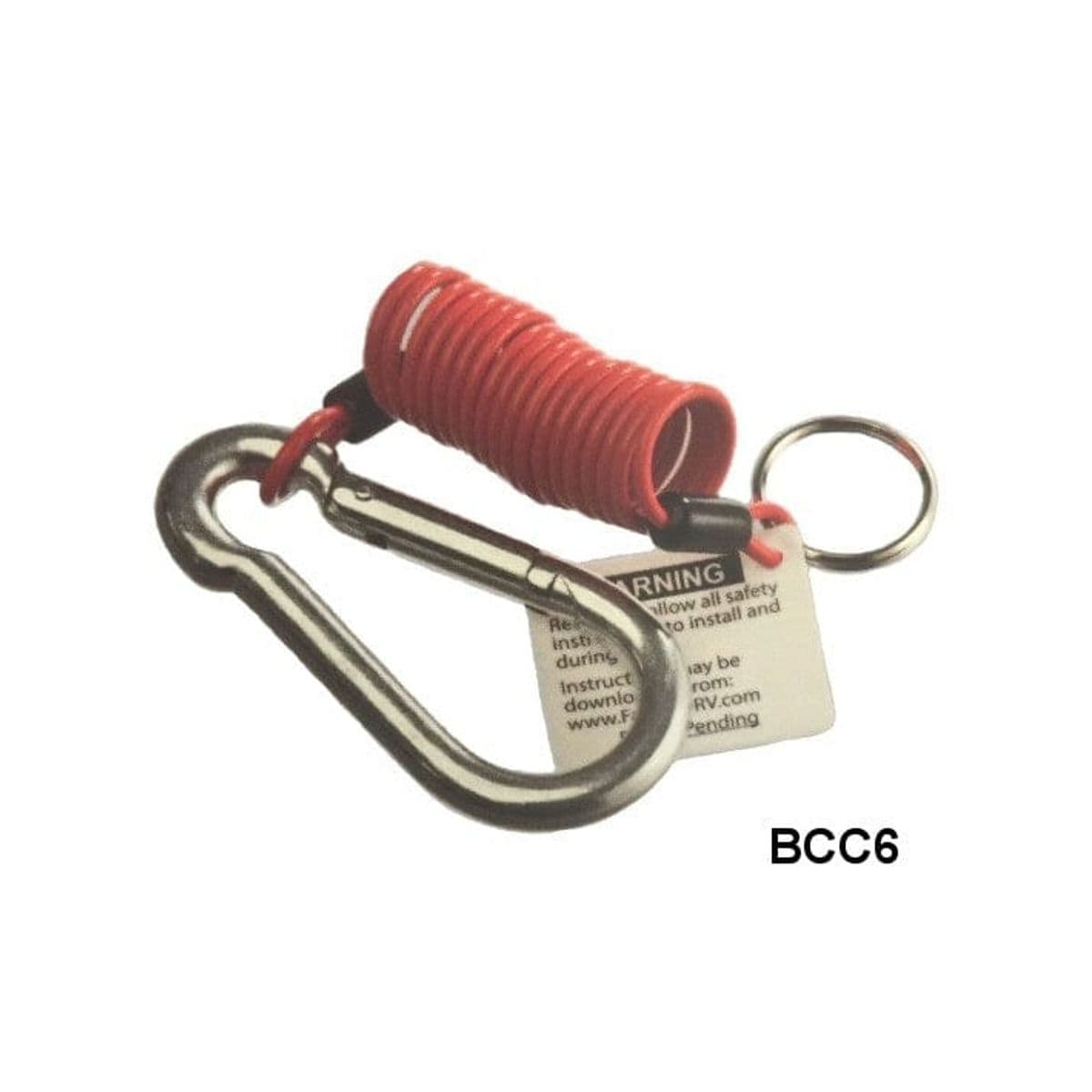 Brophy BCC6 breakaway safety cable assembly shown coiled in red with a metal carabiner clip, key ring, and attached warning tag. The coiled design prevents tangling and allows flexible movement, while the carabiner secures the cable to a fixed point. The tag includes safety instructions and a website link. Used to activate trailer brakes in case of hitch separation.