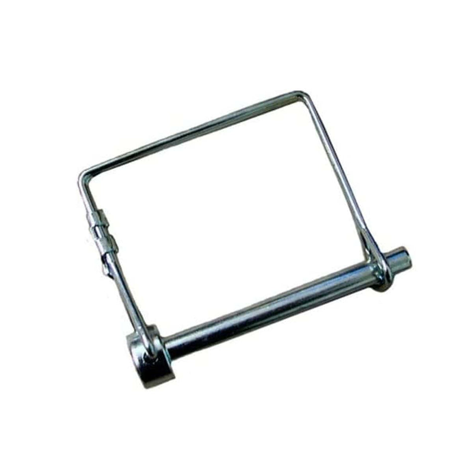 Metal wire lock pin with a circular head and rotating wire loop shown against a neutral background. The pin has a 1/4" diameter and 3" length, designed for quick-release fastening in trailers, agricultural equipment, and industrial machinery. The zinc-plated finish provides corrosion resistance, and the wire loop locks securely into place to prevent accidental disengagement.