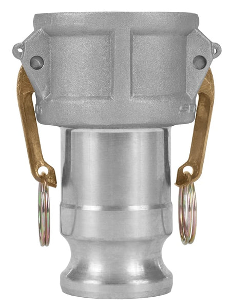 A heavy-duty metal coupler connector with a silver aluminum body and brass-toned side handles with ring clips, shown against a plain white background.