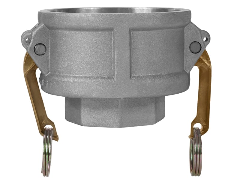 A heavy-duty metal coupler fitting with a textured silver body and brass-colored side handles, isolated on a white background.