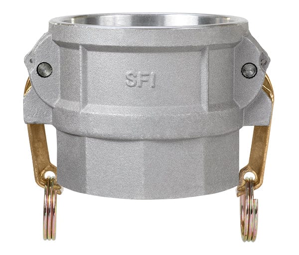 SealFast Female Coupler x Female NPT Cam & Groove Coupling made of aluminum with brass handles for secure connections.