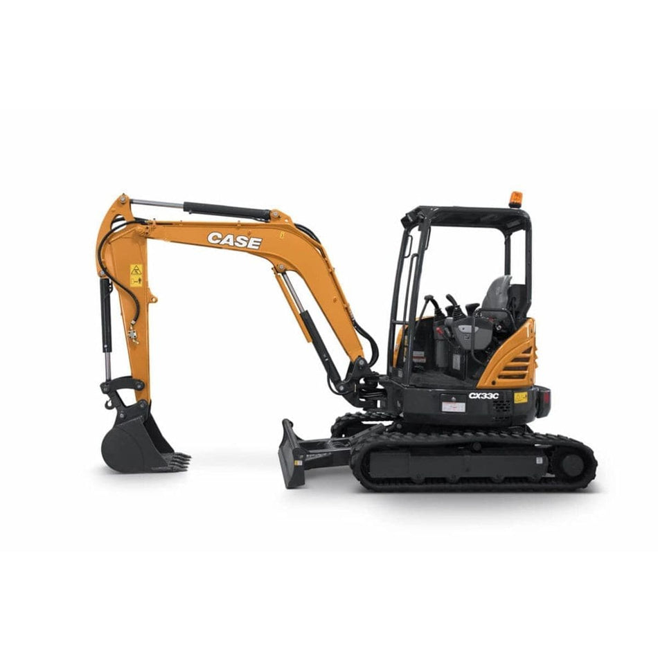 CASE CX33C compact excavator with hydraulic digging arm and bucket, rubber tracks, and operator cab, designed for construction and landscaping in confined spaces