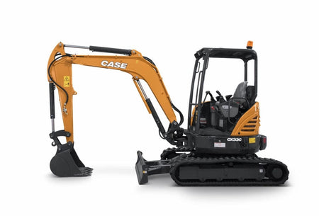 CASE CX33C compact excavator with hydraulic digging arm and bucket, rubber tracks, and operator cab, designed for construction and landscaping in confined spaces