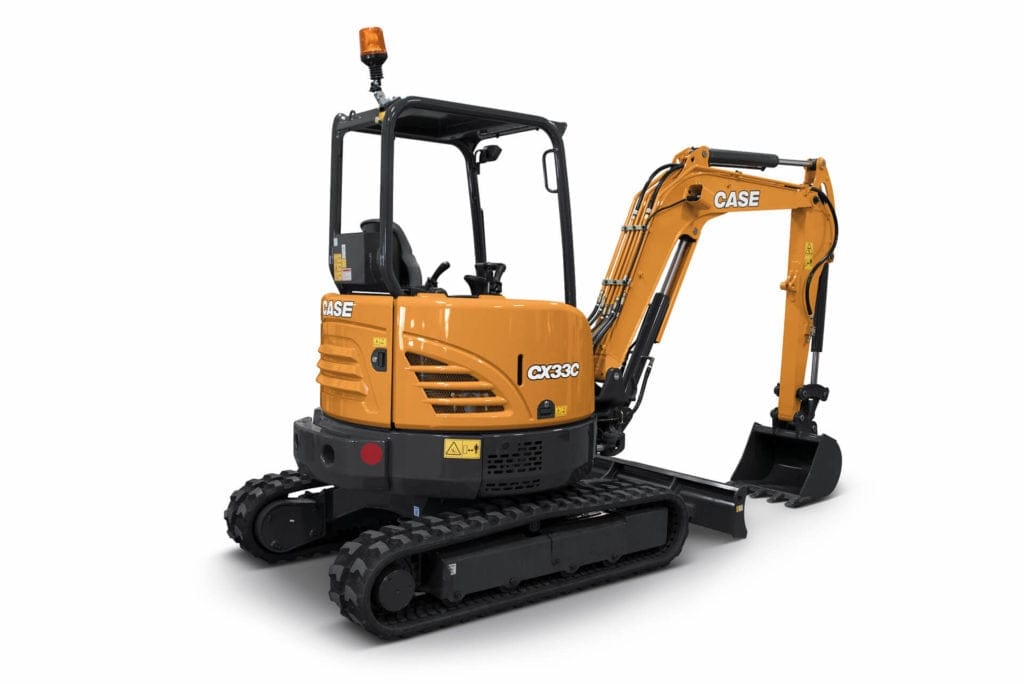 CASE CX33C mini excavator in yellow and black, featuring rubber tracks, hydraulic bucket arm, open cab with protective bars, and visible safety beacon for jobsite use.