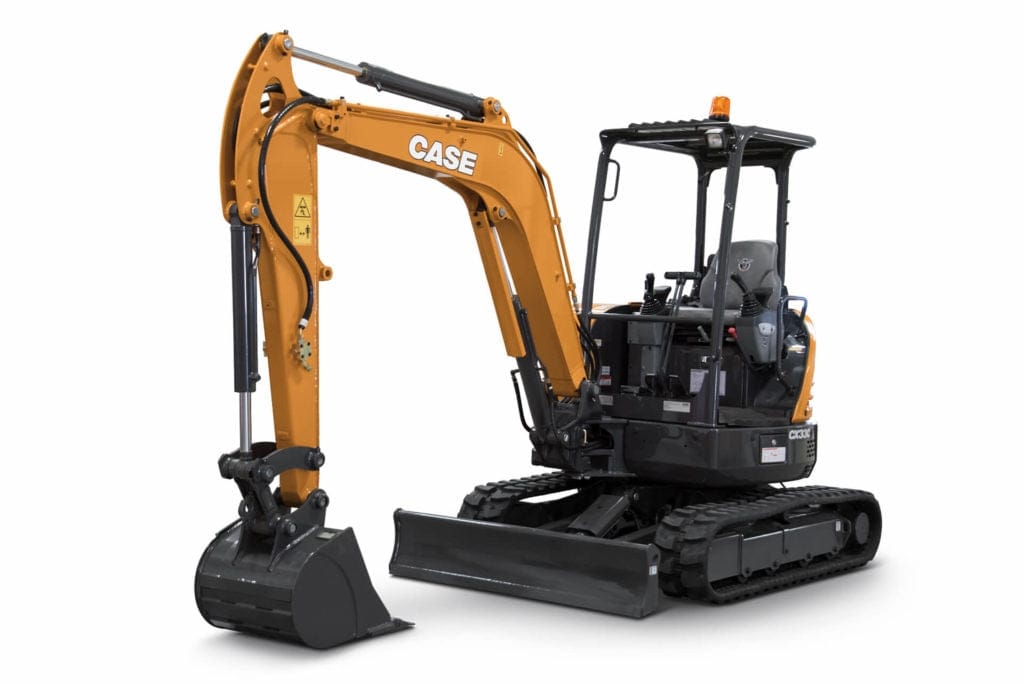 CASE CX33C compact excavator with rubber tracks and open operator cab, shown with hydraulic arm and bucket extended for digging tasks on varied terrain.