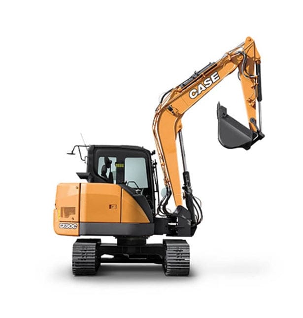 CASE CX80C midi excavator positioned for digging, featuring hydraulic bucket arm, rubber tracks, and enclosed operator cab with visible model markings.