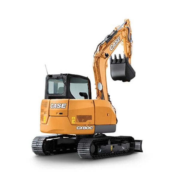 CASE CX80C compact excavator with hydraulic arm and bucket, rubber tracks, and operator cab; branding and model number clearly displayed.