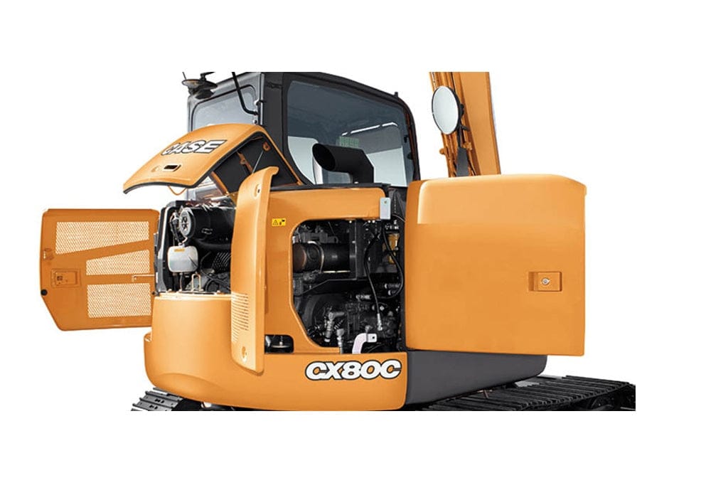 CASE CX80C midi excavator with engine compartment doors open, showing internal components for maintenance access; model number visible on orange body.